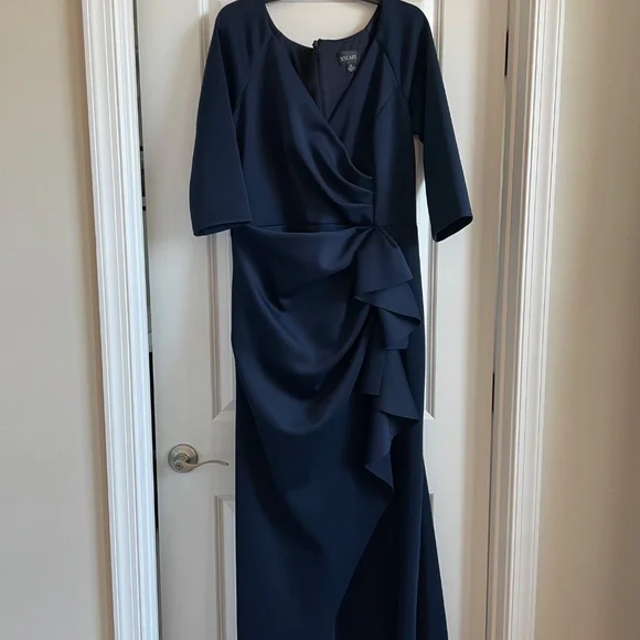 XSCAPE Pleated Ruffled Gown Midnight Blue Size 16 - Picture 4 of 7